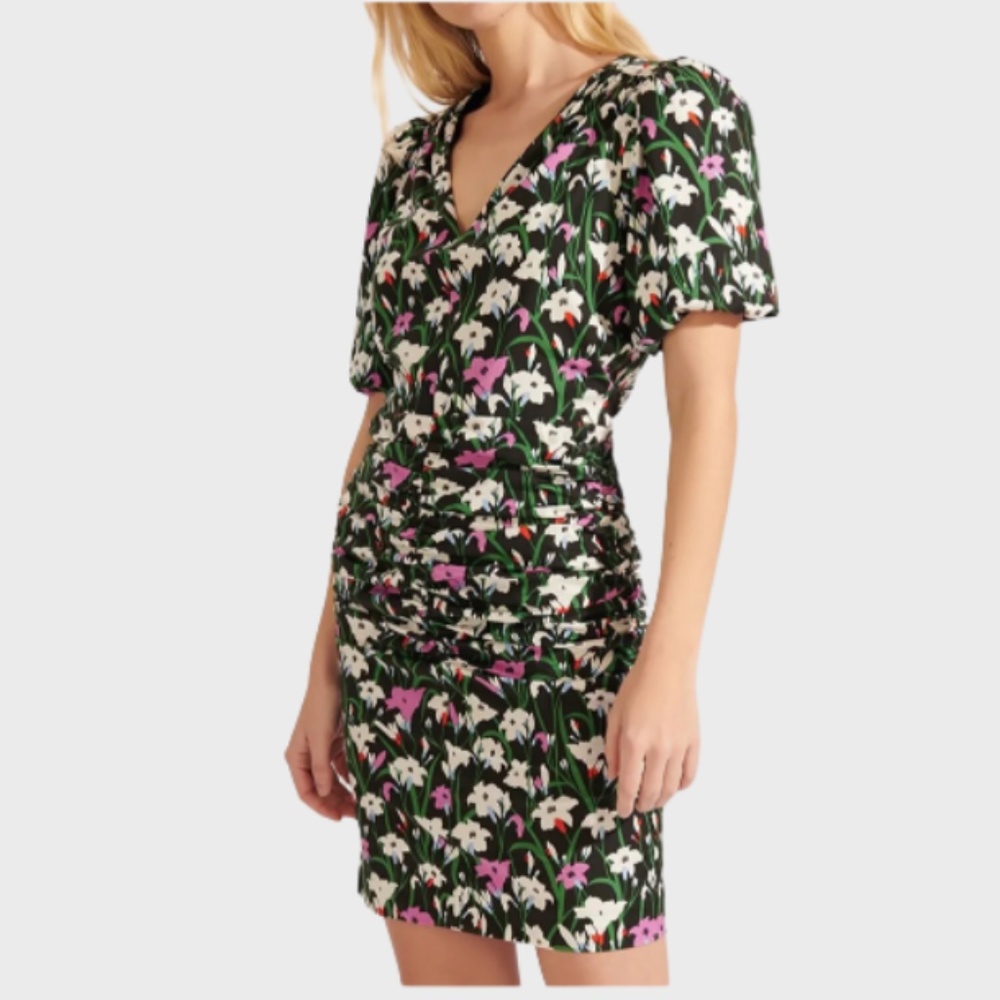 New! Veronica Beard Janis Floral-Print Ruched Dress | 00 - Picture 3 of 6